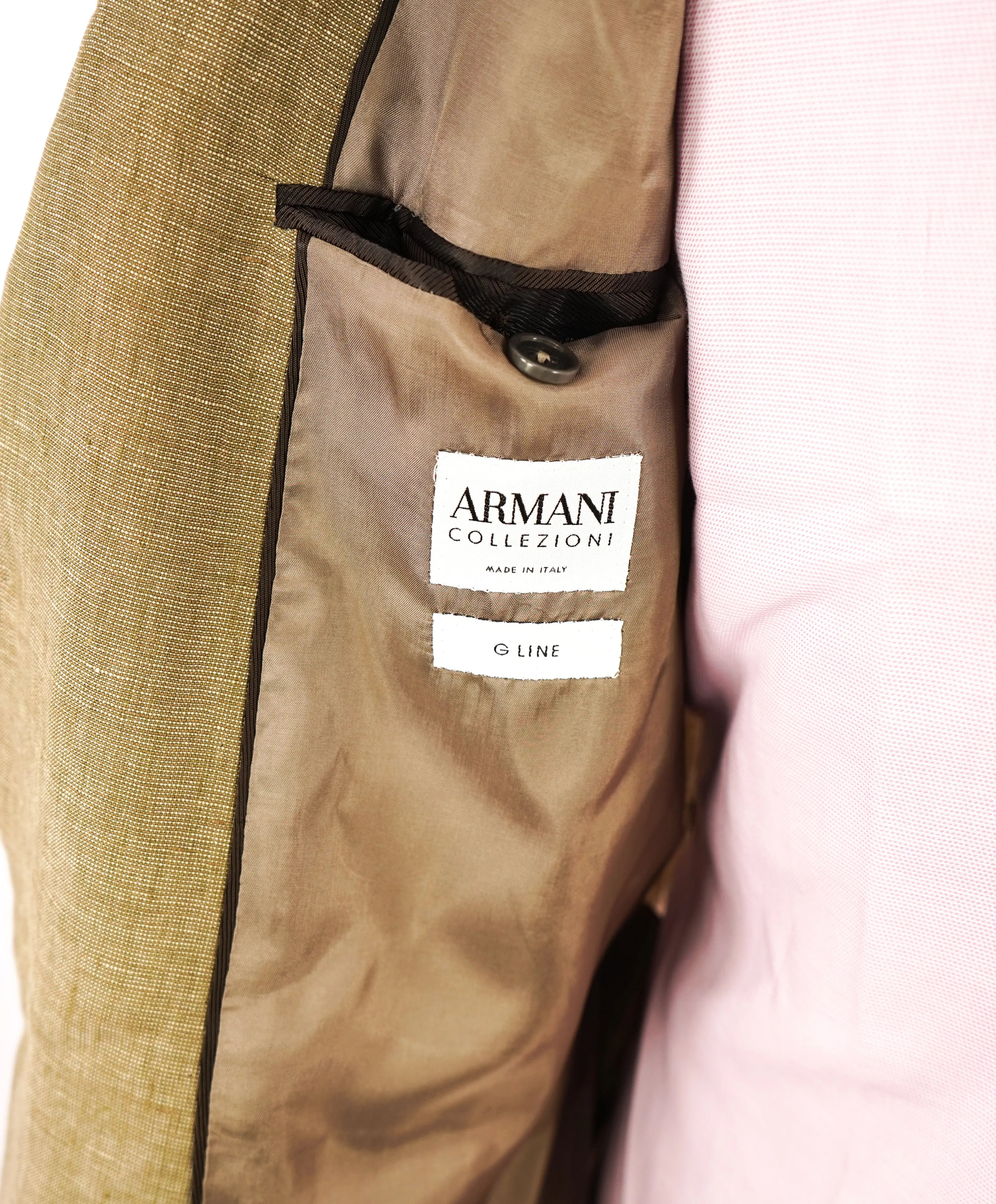 ARMANI COLLEZIONI -  "G Line" Pure Linen Khaki Gold 2-Button Suit - 38R