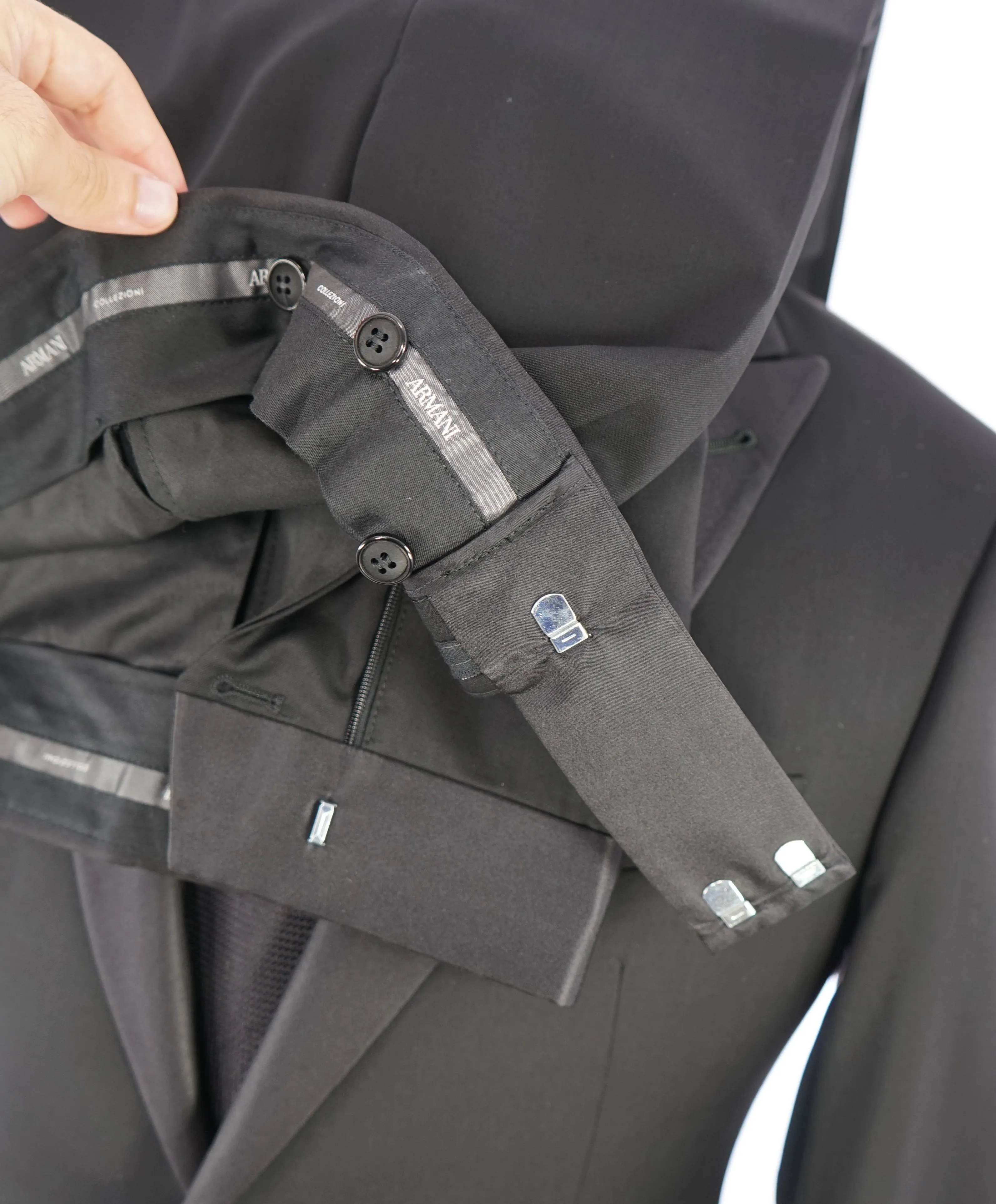 ARMANI COLLEZIONI -  "M Line" Slim Peak Lapel Black Tuxedo Suit - 40R