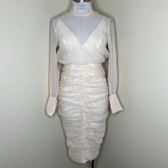ASOS Pencil Dress 6 Cream Ruched Organza Midi Chic Feminine Mock Neck Cocktail