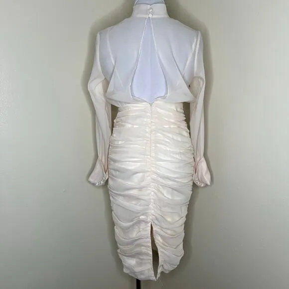 ASOS Pencil Dress 6 Cream Ruched Organza Midi Chic Feminine Mock Neck Cocktail