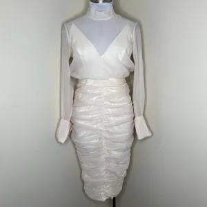 ASOS Pencil Dress 6 Cream Ruched Organza Midi Chic Feminine Mock Neck Cocktail