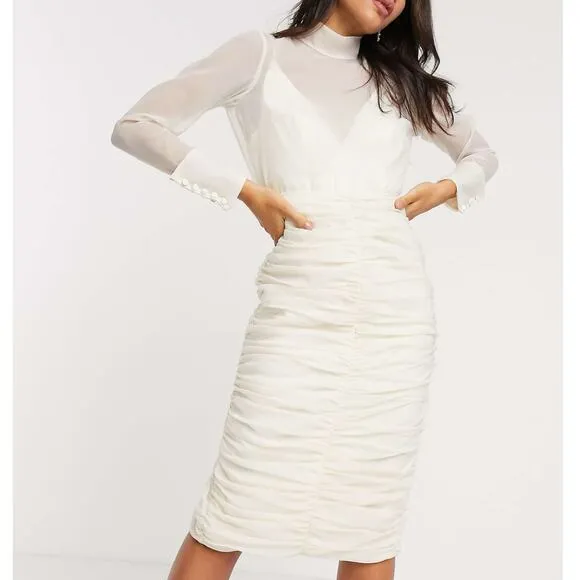 ASOS Pencil Dress 6 Cream Ruched Organza Midi Chic Feminine Mock Neck Cocktail