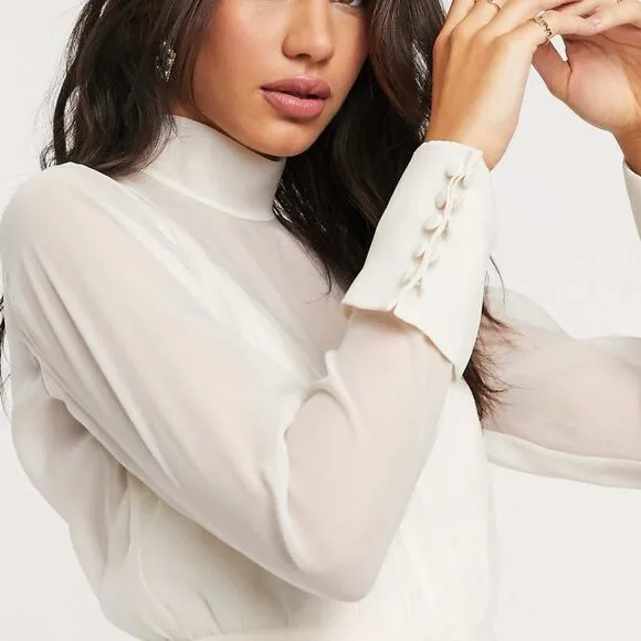 ASOS Pencil Dress 6 Cream Ruched Organza Midi Chic Feminine Mock Neck Cocktail