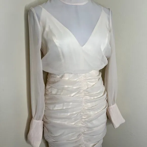 ASOS Pencil Dress 6 Cream Ruched Organza Midi Chic Feminine Mock Neck Cocktail