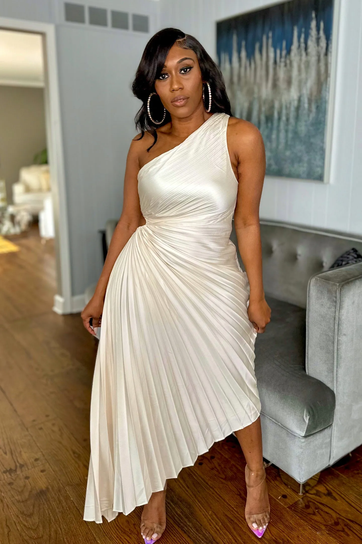 ASYMMETRICAL PLEATED MAXI DRESS