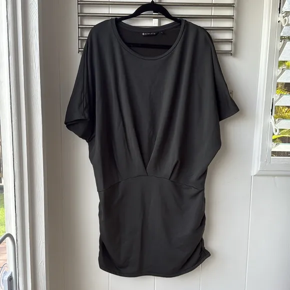 Athleta Pronto Pleated Dress Charcoal Gray Grey Short Sleeve Ruched Fitted XL