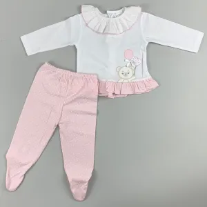 Baby Girls 2 Piece Polka Bear Outfit- Top and Bottoms- White/Pink