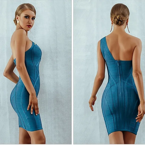 Bandage Strappy One Shoulder Bodycon Pencil Dress Blue