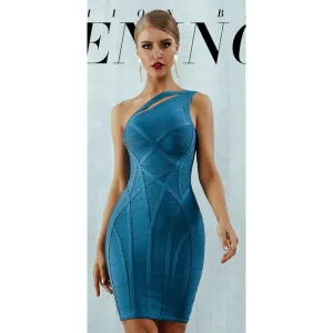 Bandage Strappy One Shoulder Bodycon Pencil Dress Blue