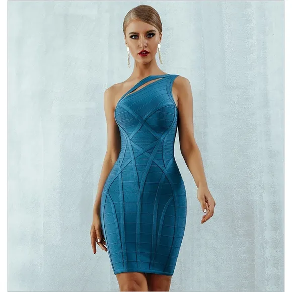 Bandage Strappy One Shoulder Bodycon Pencil Dress Blue