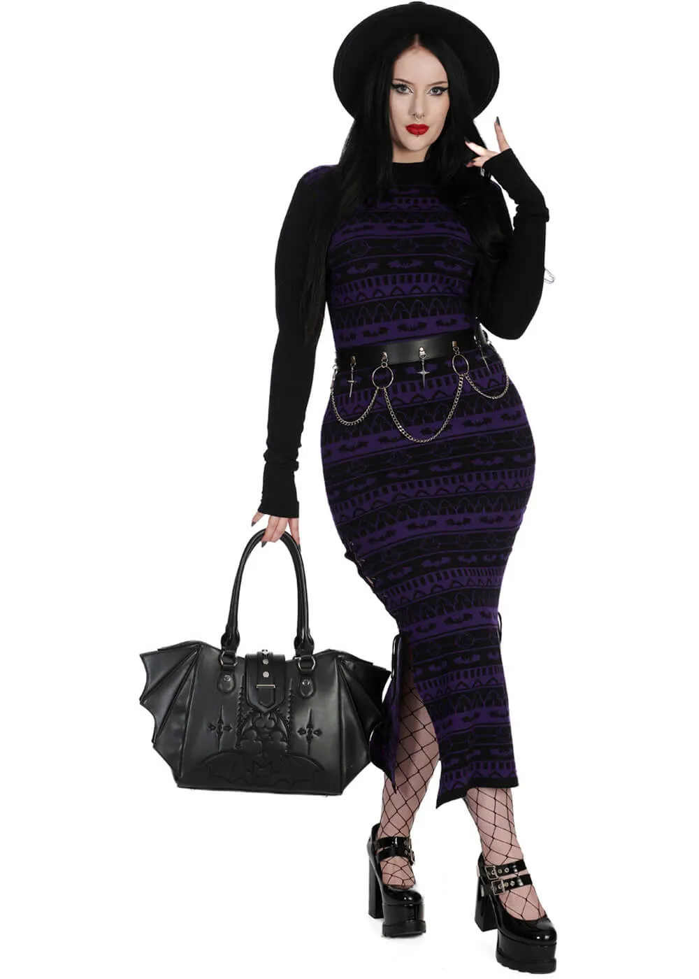 Banned Alternative Bat Bone Knit Dress Back Purple