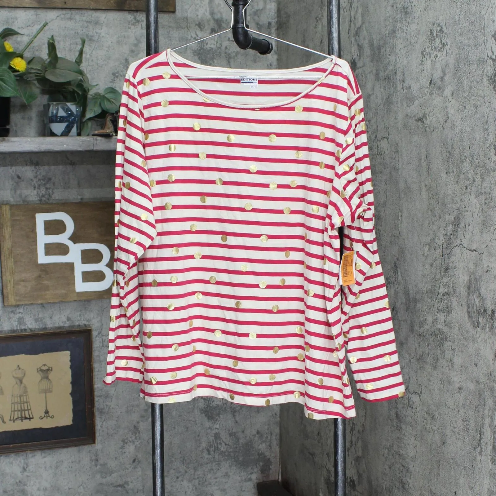 Basic Editions Womens Long Sleeve Polka Dot Knit Blouse Shirt Top 2395-15