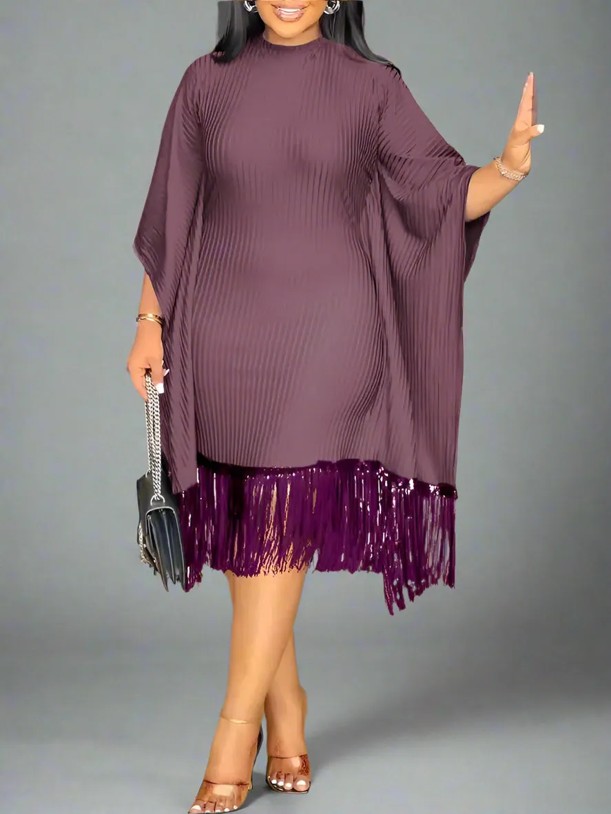 Batwing Sleeve Tassel Hem Midi Dress