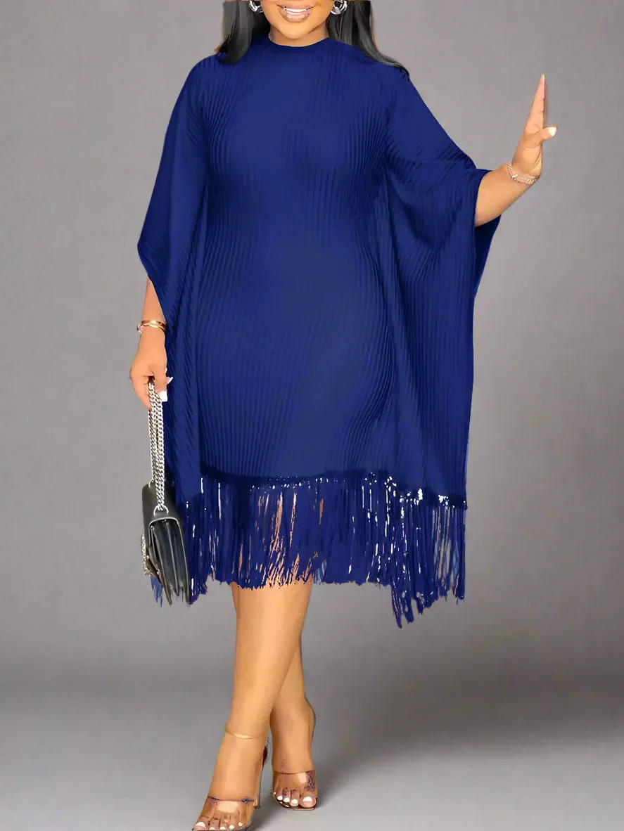 Batwing Sleeve Tassel Hem Midi Dress