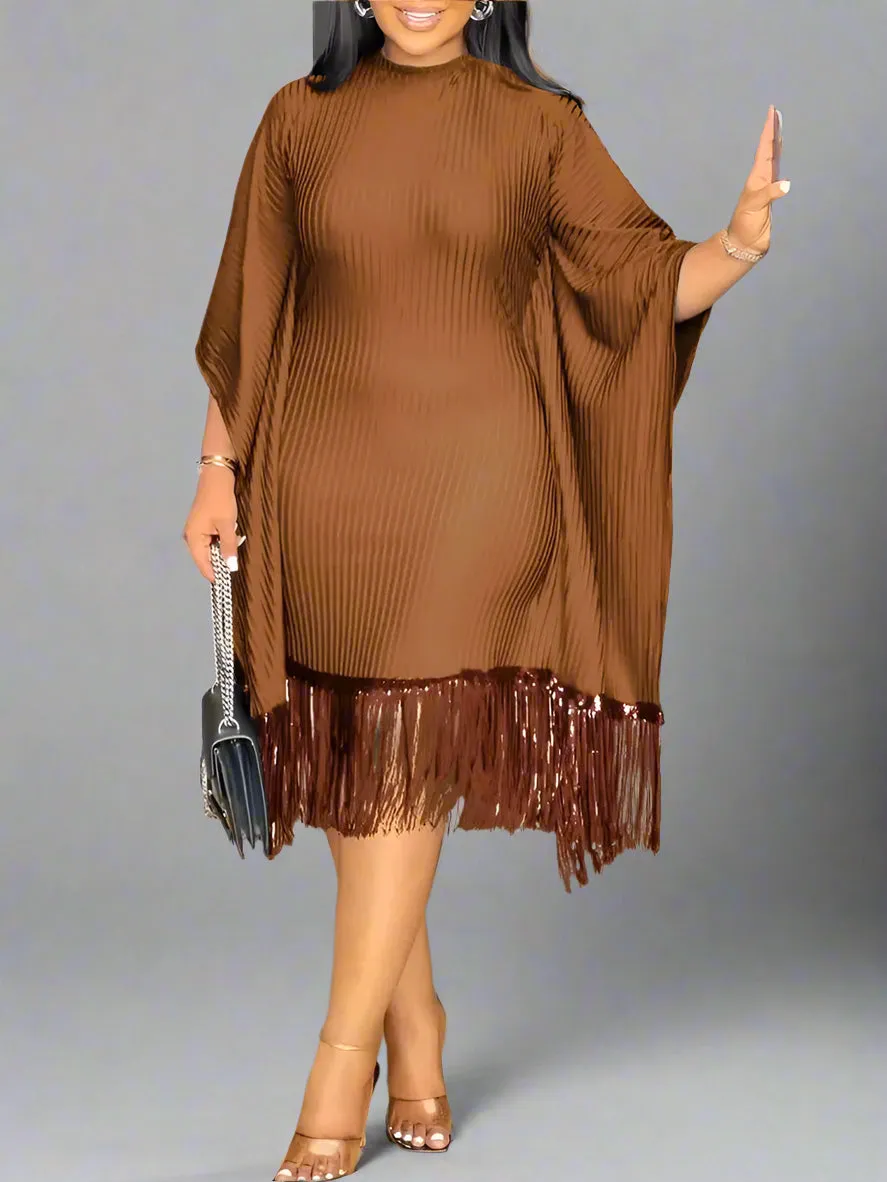 Batwing Sleeve Tassel Hem Midi Dress