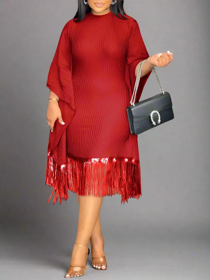 Batwing Sleeve Tassel Hem Midi Dress