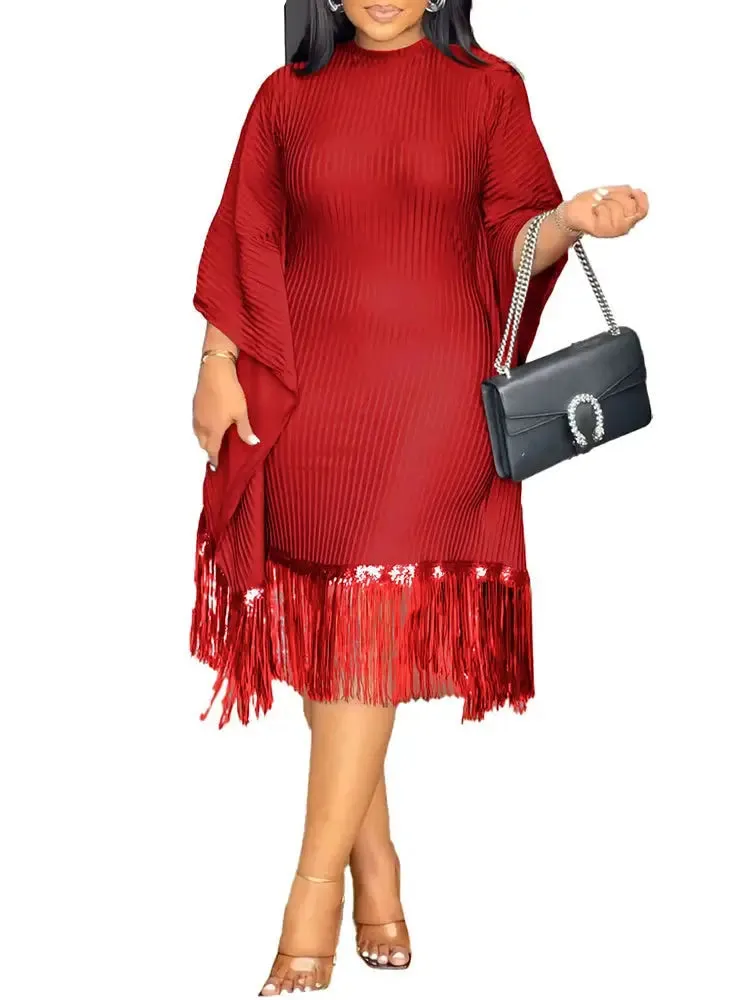 Batwing Sleeve Tassel Hem Midi Dress
