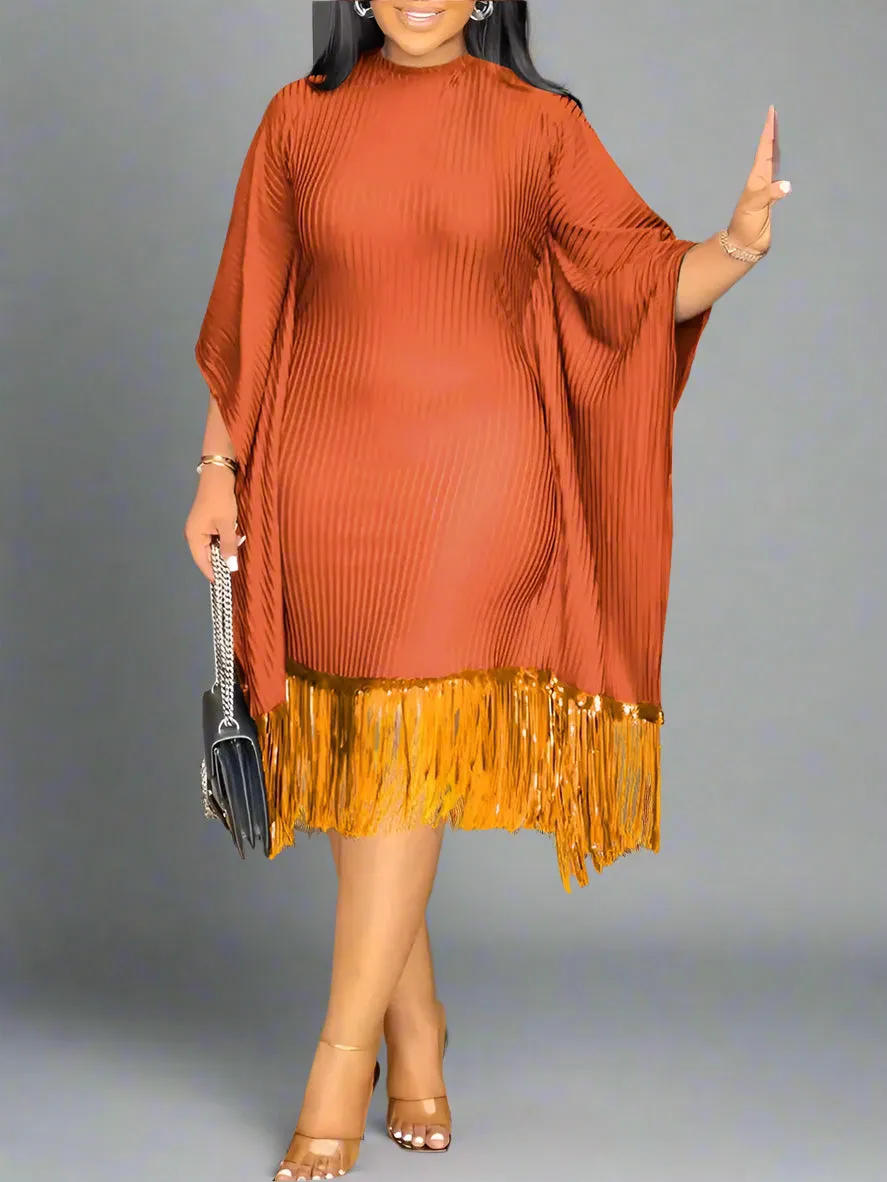 Batwing Sleeve Tassel Hem Midi Dress