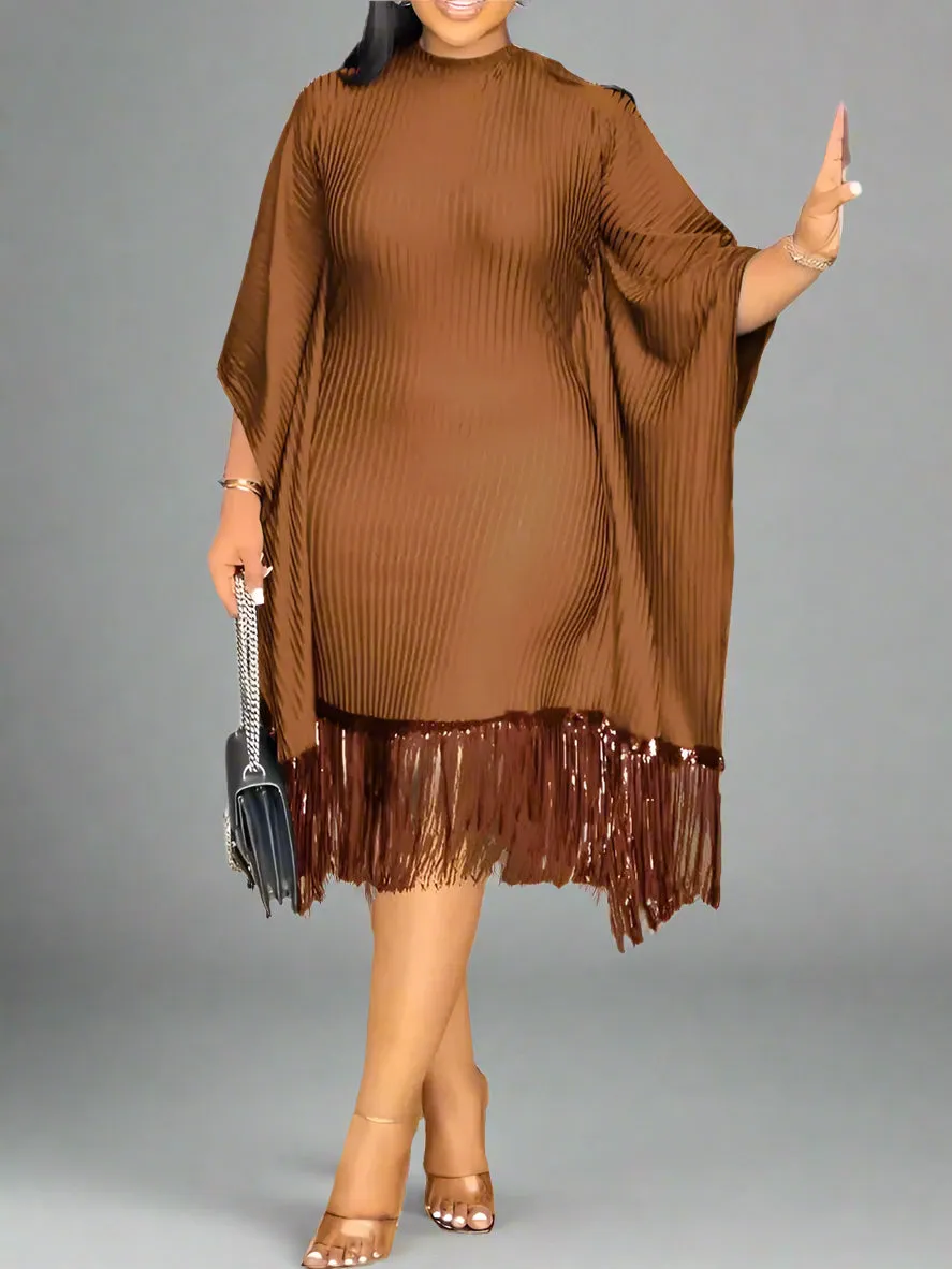 Batwing Sleeve Tassel Hem Midi Dress