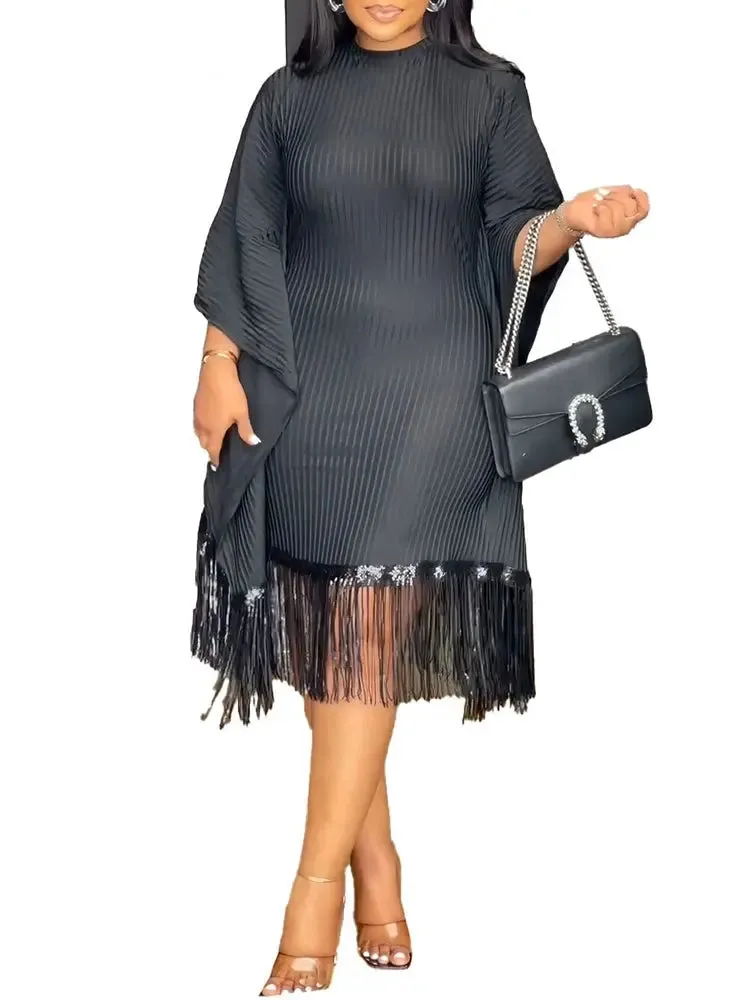 Batwing Sleeve Tassel Hem Midi Dress