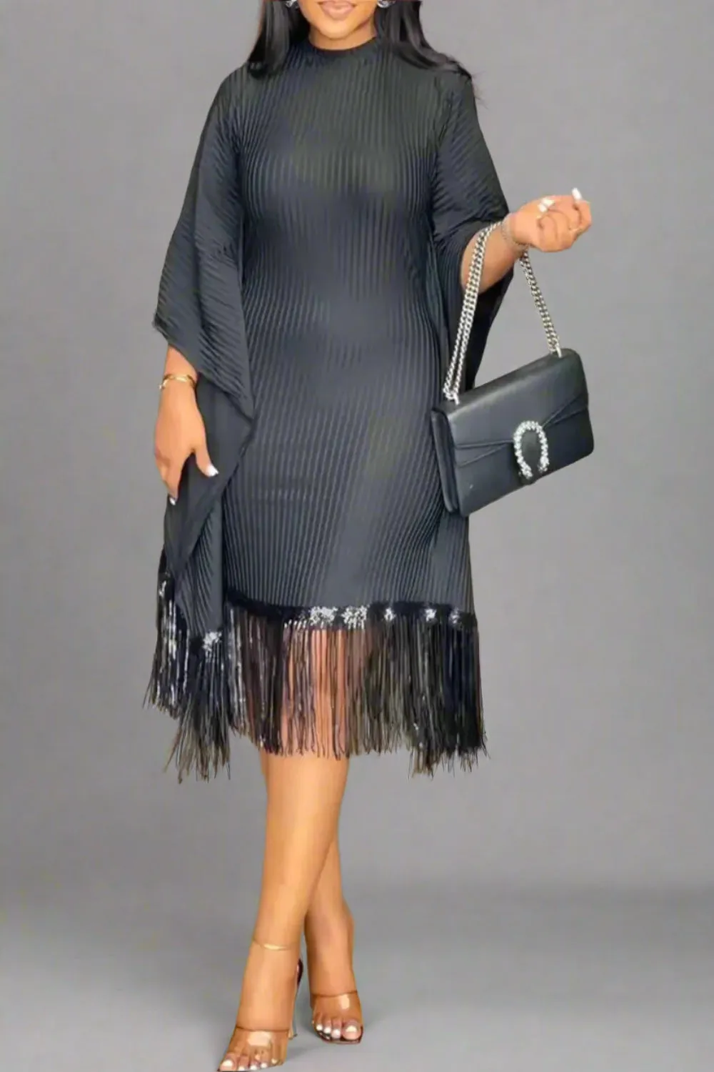 Batwing Sleeve Tassel Hem Midi Dress