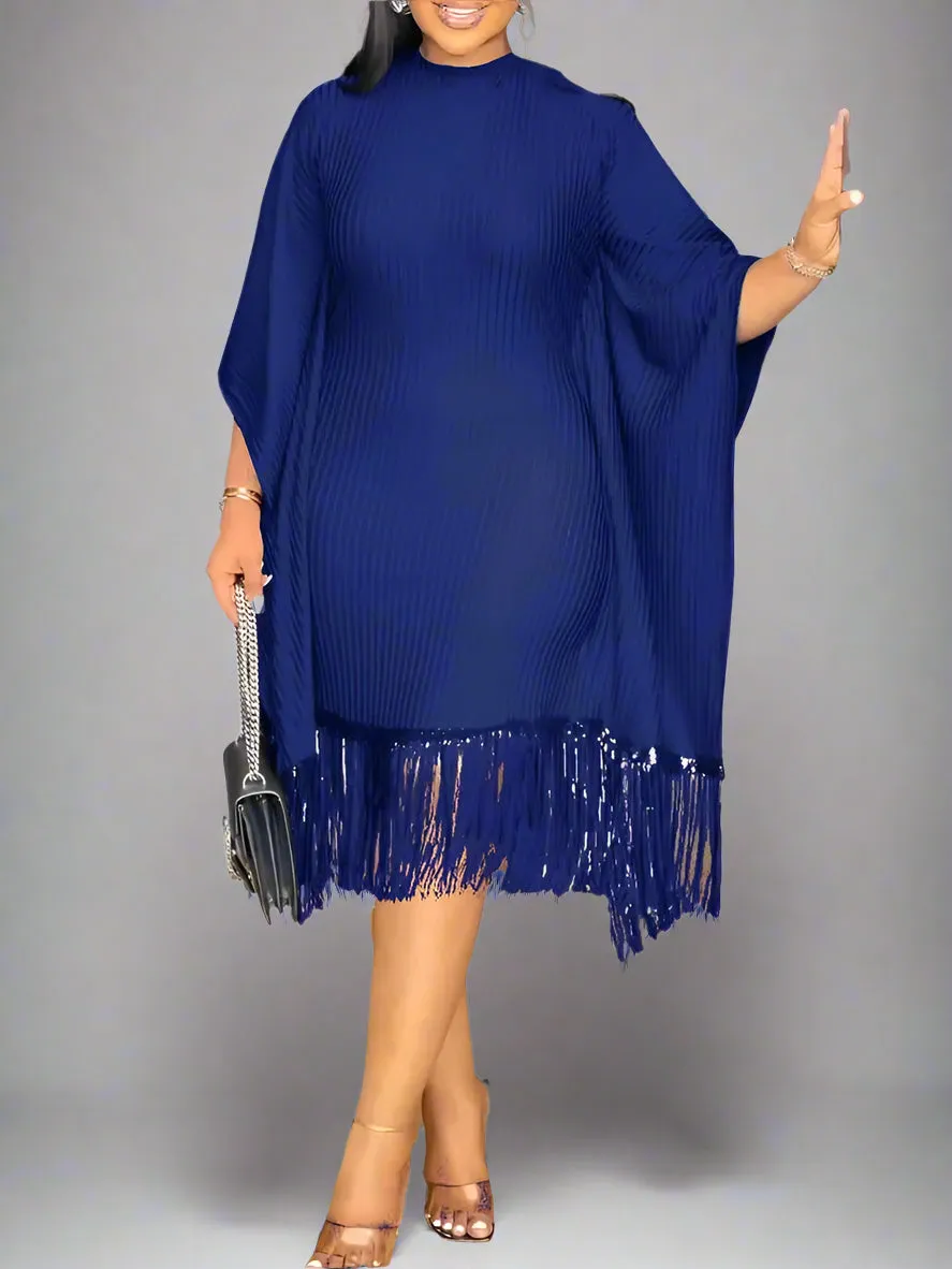 Batwing Sleeve Tassel Hem Midi Dress