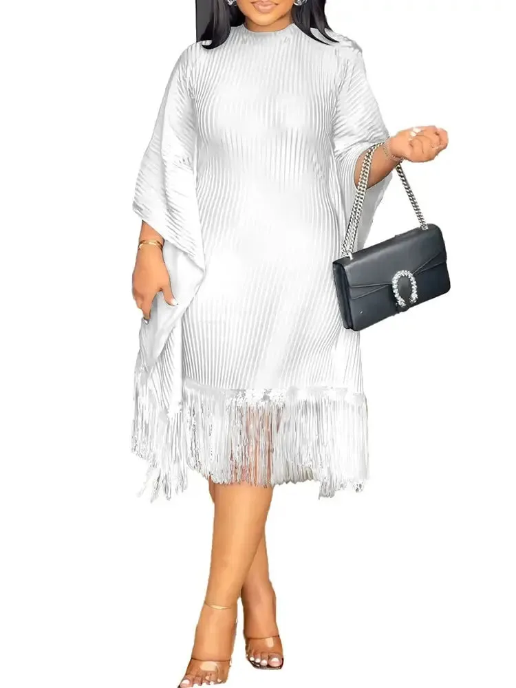 Batwing Sleeve Tassel Hem Midi Dress