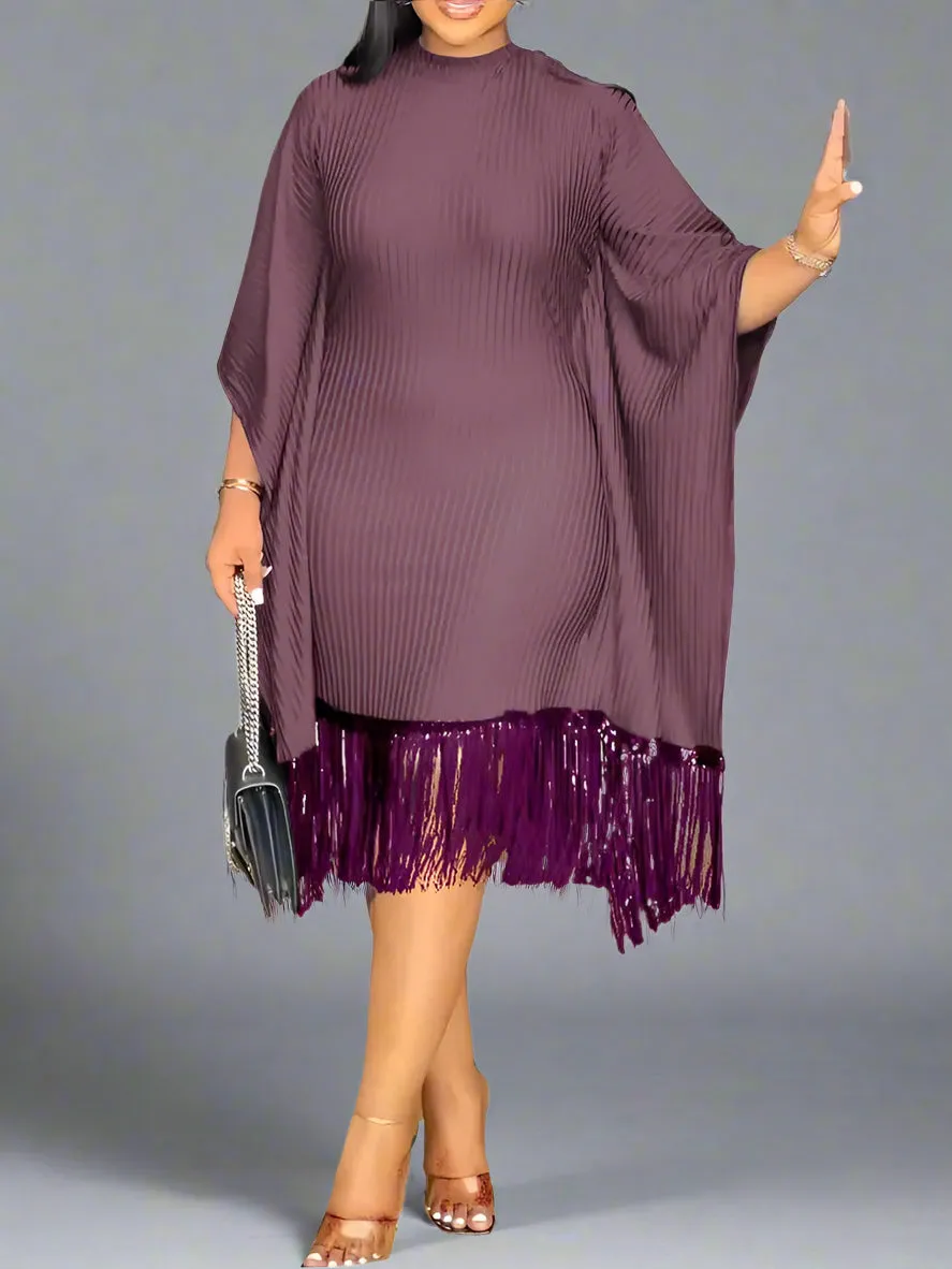 Batwing Sleeve Tassel Hem Midi Dress