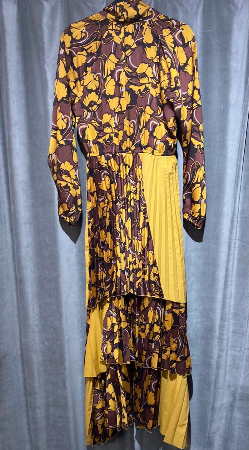 BEATRICE Gold and Floral Dress with Pleated Layered Bottom