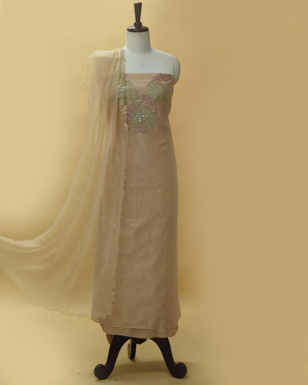 Beige Chanderi Hand Embroidered Unstitched Suit Fabric Set With Organza Dupatta