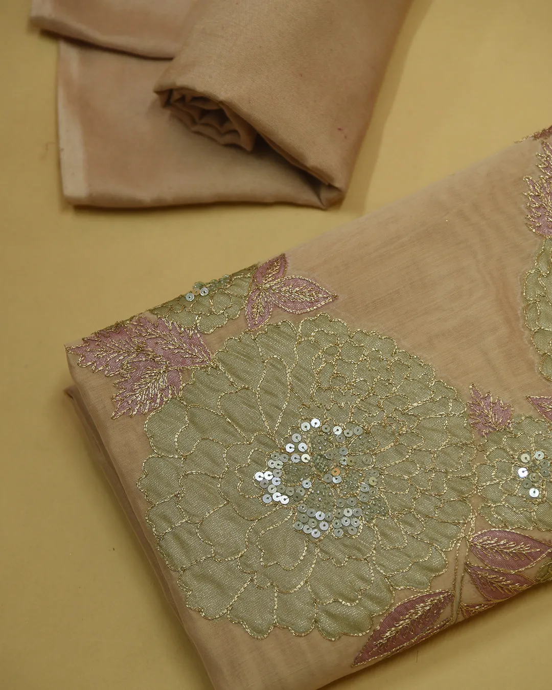 Beige Chanderi Hand Embroidered Unstitched Suit Fabric Set With Organza Dupatta