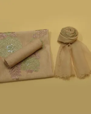 Beige Chanderi Hand Embroidered Unstitched Suit Fabric Set With Organza Dupatta