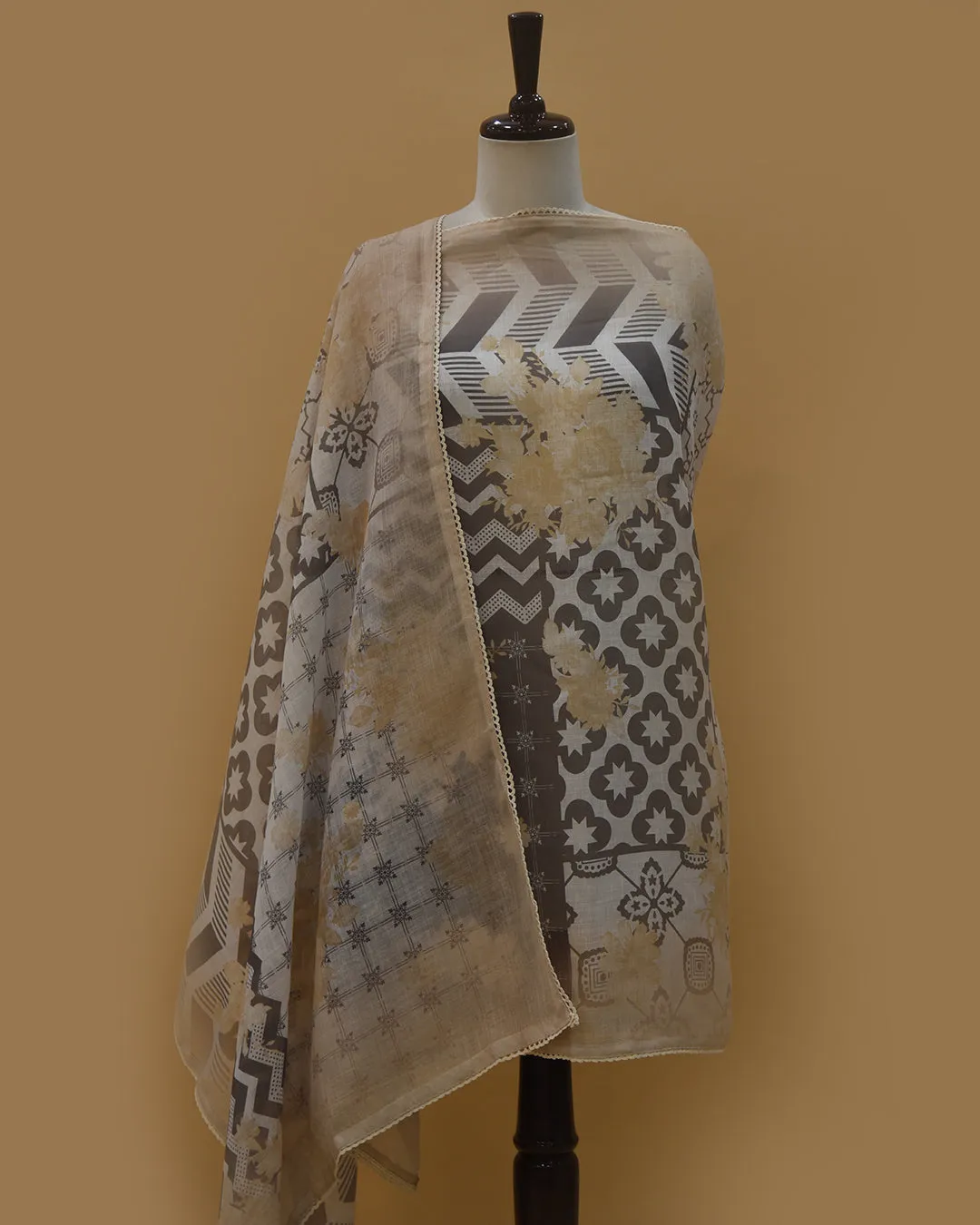 Beige Linen Blend Printed With Embroidery Unstitched Suit Fabric Set With Linen Printed Dupatta