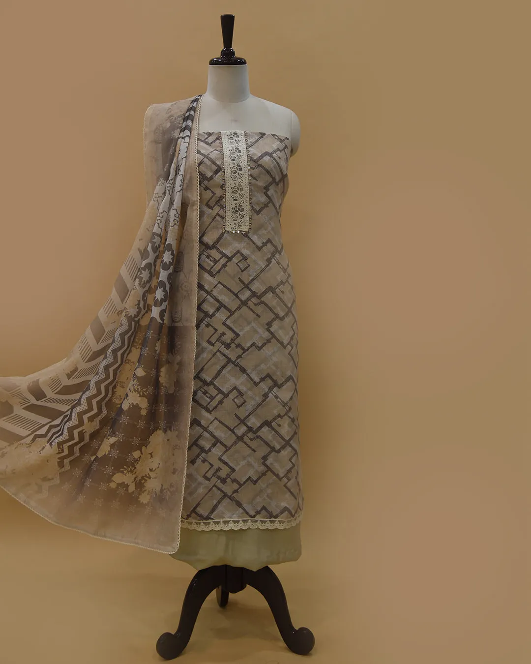 Beige Linen Blend Printed With Embroidery Unstitched Suit Fabric Set With Linen Printed Dupatta
