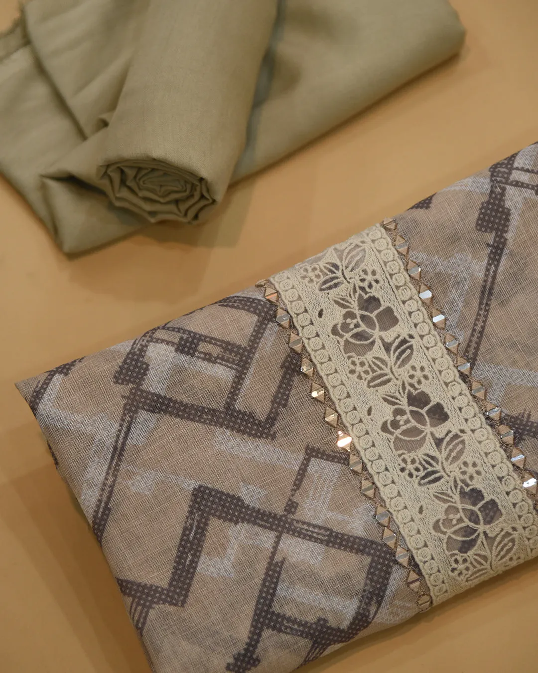 Beige Linen Blend Printed With Embroidery Unstitched Suit Fabric Set With Linen Printed Dupatta