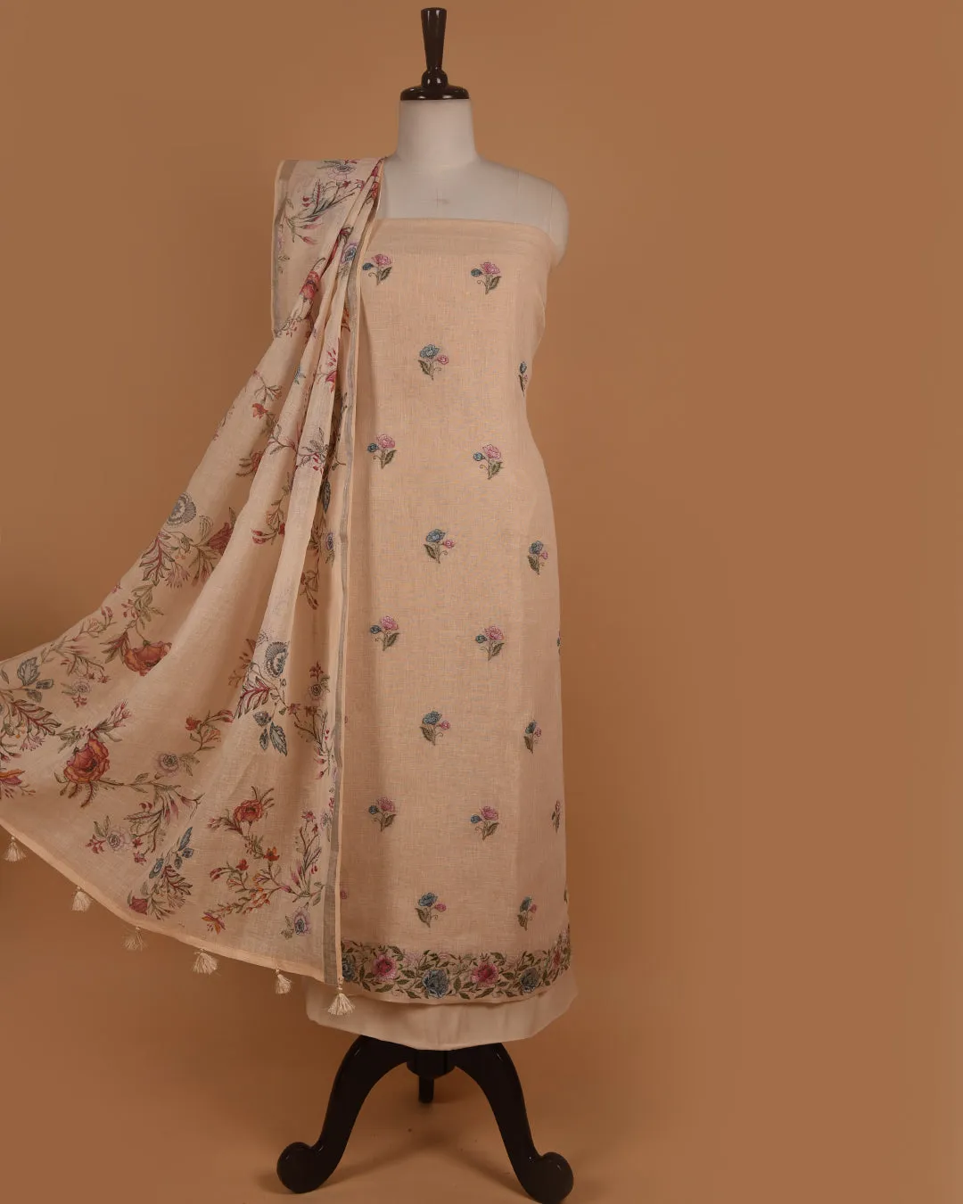 Beige Linen Embroidered Unstitched Suit Fabric Set With Linen Printed Dupatta