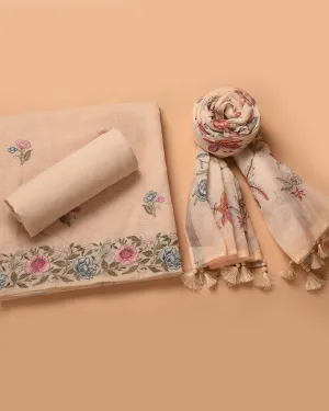 Beige Linen Embroidered Unstitched Suit Fabric Set With Linen Printed Dupatta