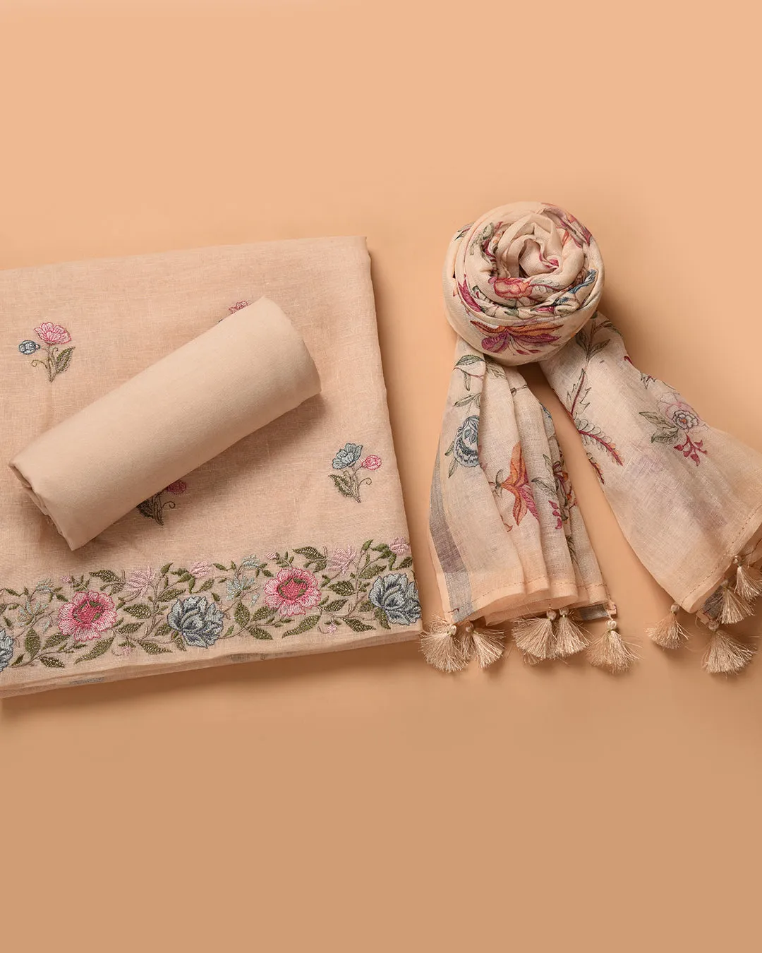 Beige Linen Embroidered Unstitched Suit Fabric Set With Linen Printed Dupatta