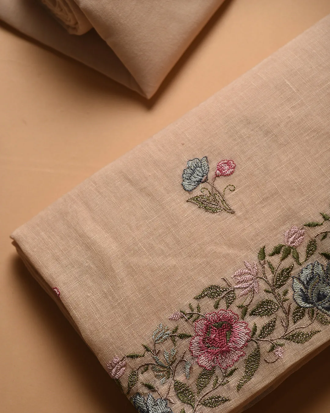 Beige Linen Embroidered Unstitched Suit Fabric Set With Linen Printed Dupatta
