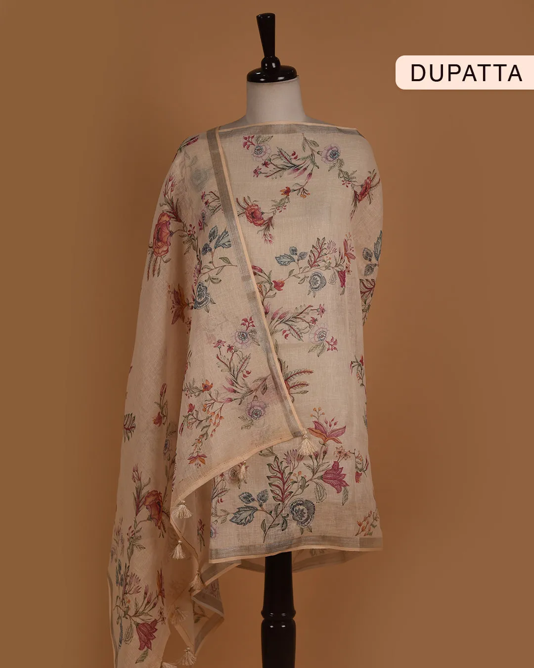 Beige Linen Embroidered Unstitched Suit Fabric Set With Linen Printed Dupatta