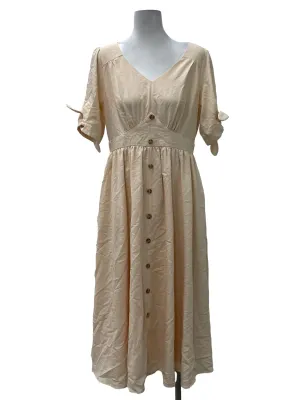 Beige V Neck Pleated Dress