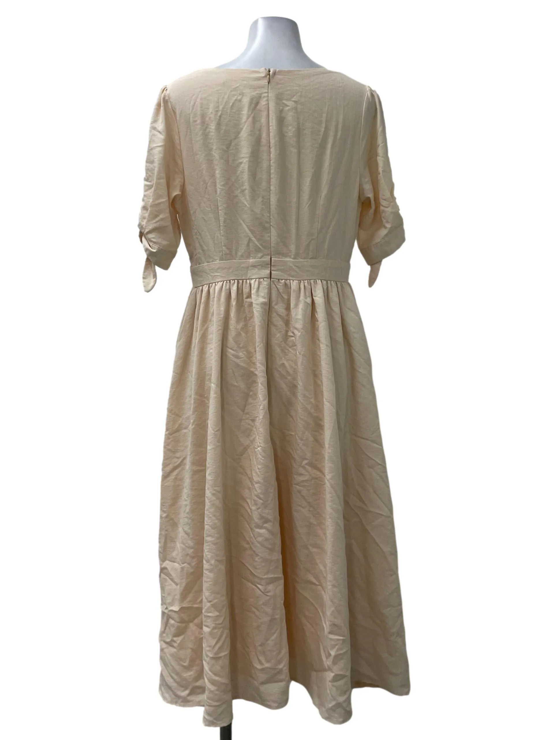 Beige V Neck Pleated Dress