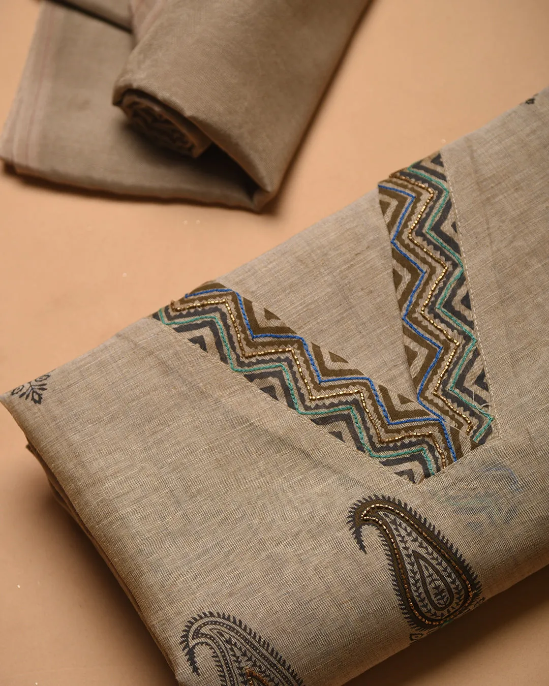 Beige With Blue Chanderi Linen Blend Printed With Embroidery Unstitched Suit Fabric Set With Chanderi Linen Woven Dupatta