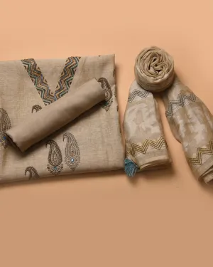 Beige With Blue Chanderi Linen Blend Printed With Embroidery Unstitched Suit Fabric Set With Chanderi Linen Woven Dupatta