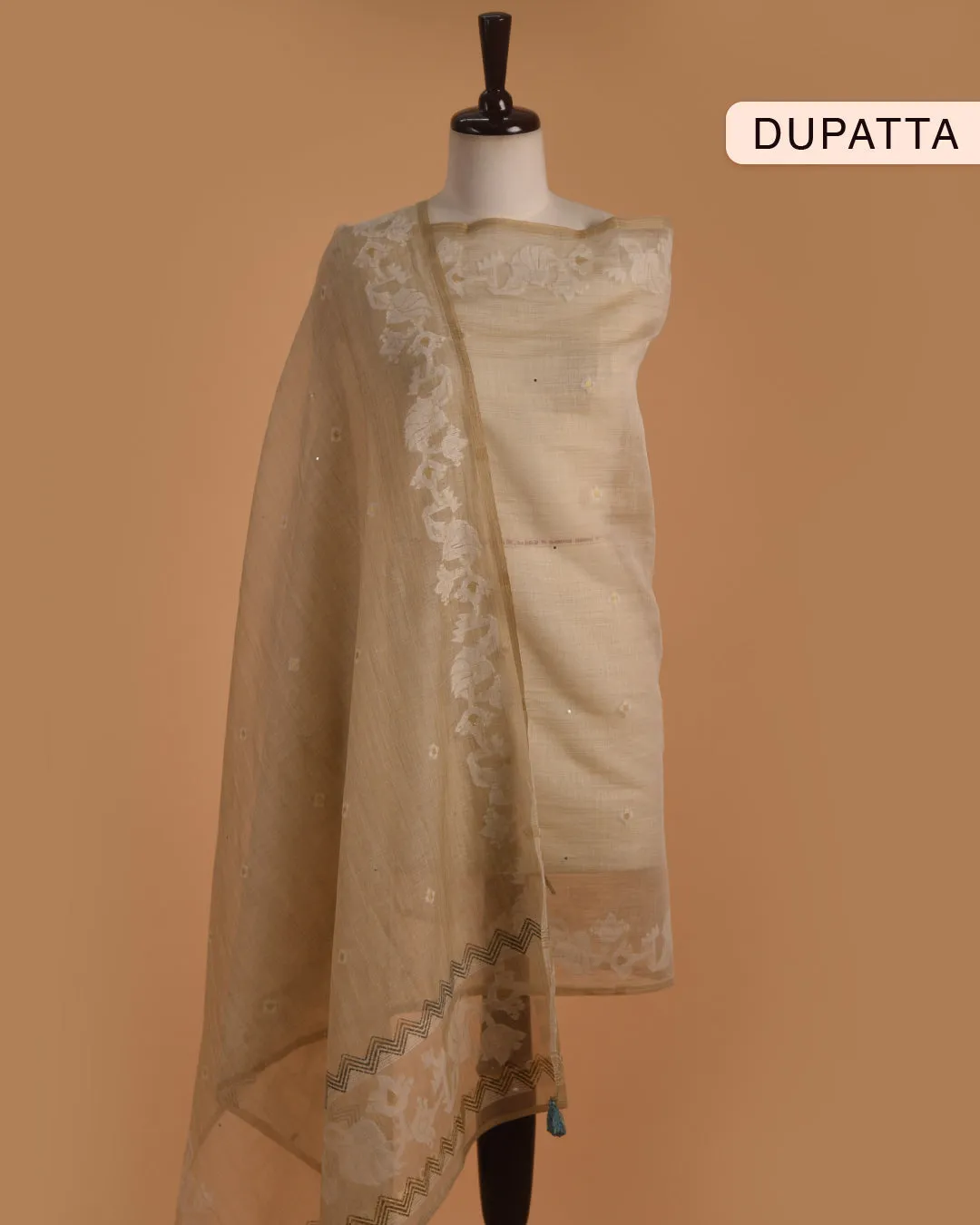 Beige With Blue Chanderi Linen Blend Printed With Embroidery Unstitched Suit Fabric Set With Chanderi Linen Woven Dupatta