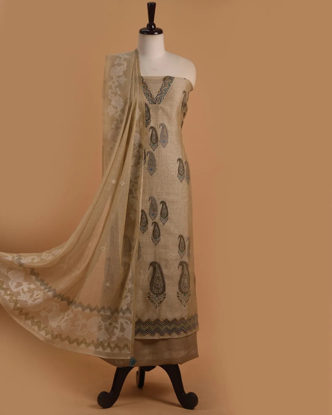Beige With Blue Chanderi Linen Blend Printed With Embroidery Unstitched Suit Fabric Set With Chanderi Linen Woven Dupatta