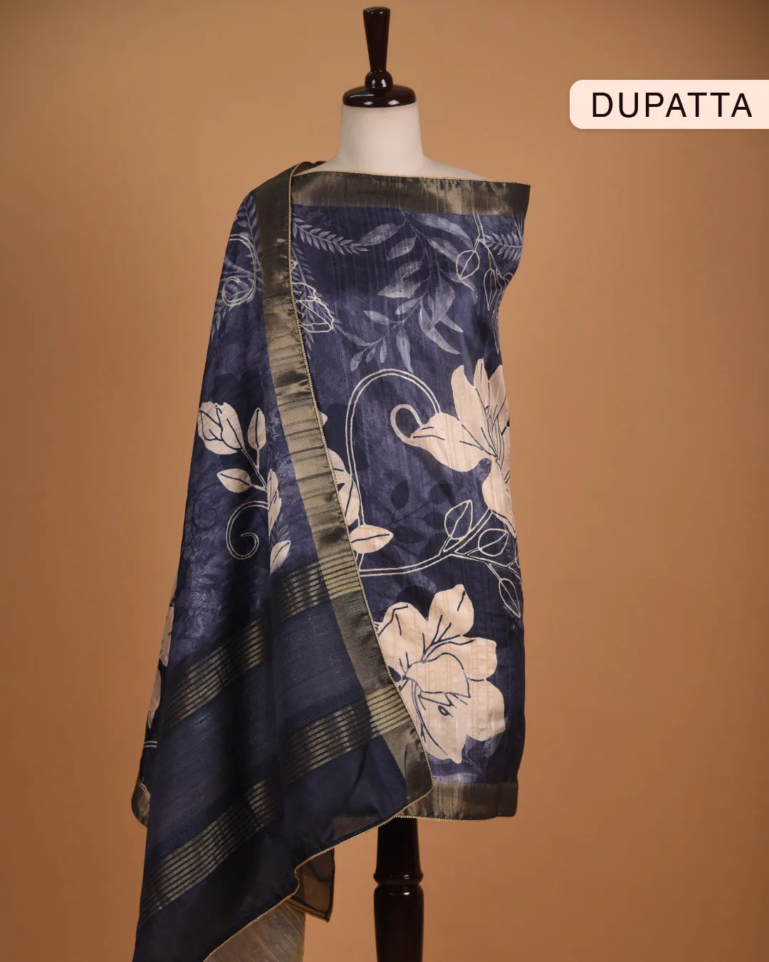 Beige With Blue Chanderi Silk Blend Woven With Embroidery Unstitched Suit Fabric Set With Silk Blend Dupatta