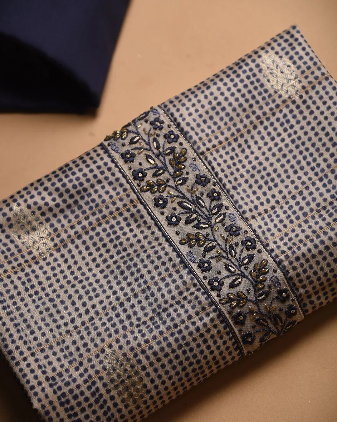 Beige With Blue Chanderi Silk Blend Woven With Embroidery Unstitched Suit Fabric Set With Silk Blend Dupatta