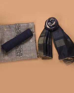 Beige With Blue Chanderi Silk Blend Woven With Embroidery Unstitched Suit Fabric Set With Silk Blend Dupatta