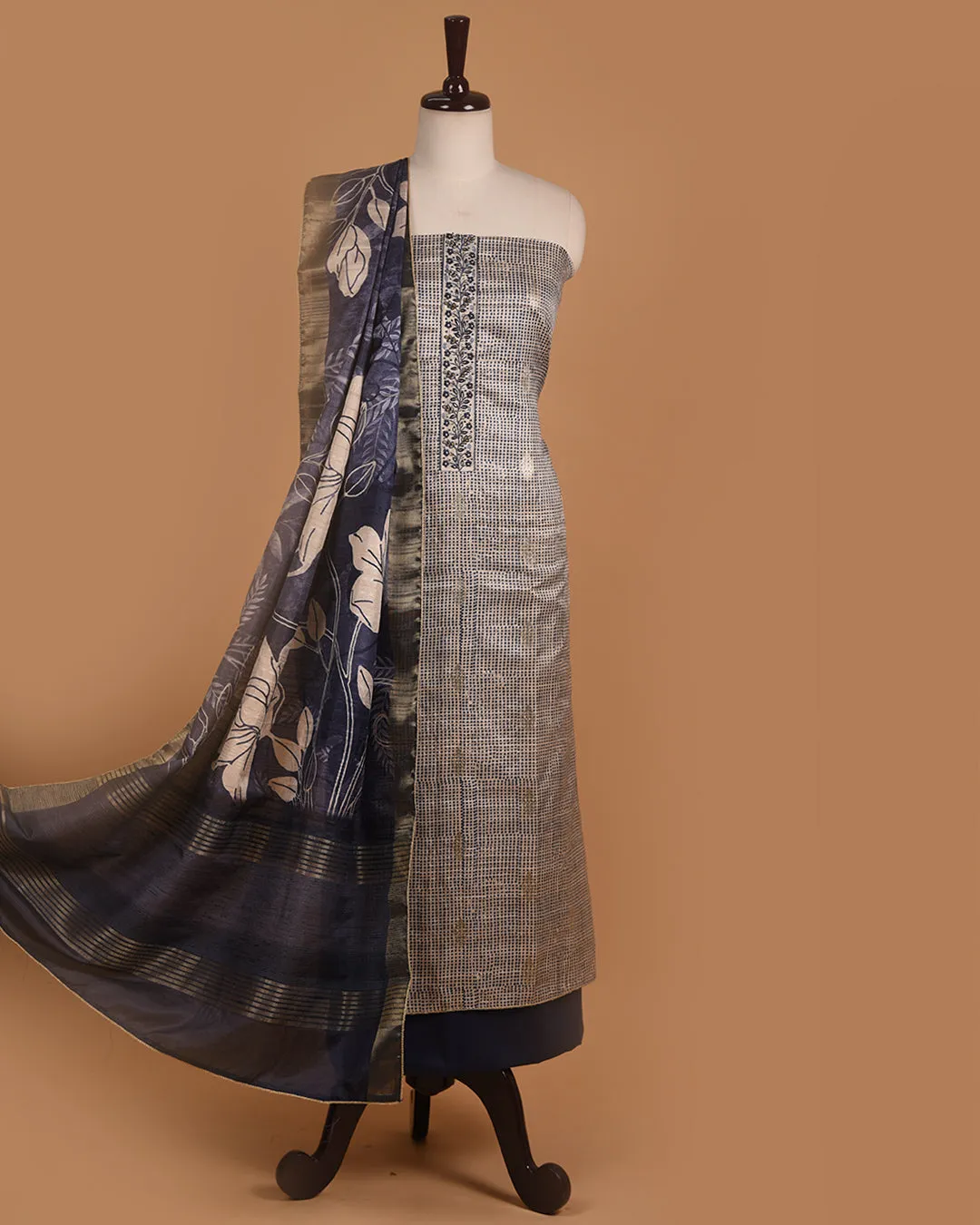 Beige With Blue Chanderi Silk Blend Woven With Embroidery Unstitched Suit Fabric Set With Silk Blend Dupatta